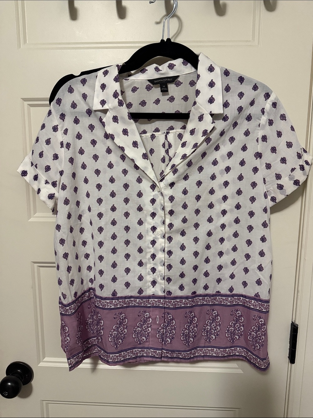 Banana Republic White Button-Down Shirt with Purple Print